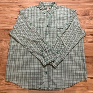 Duluth Trading Co Men's Green and White Plaid Button-Down Shirt